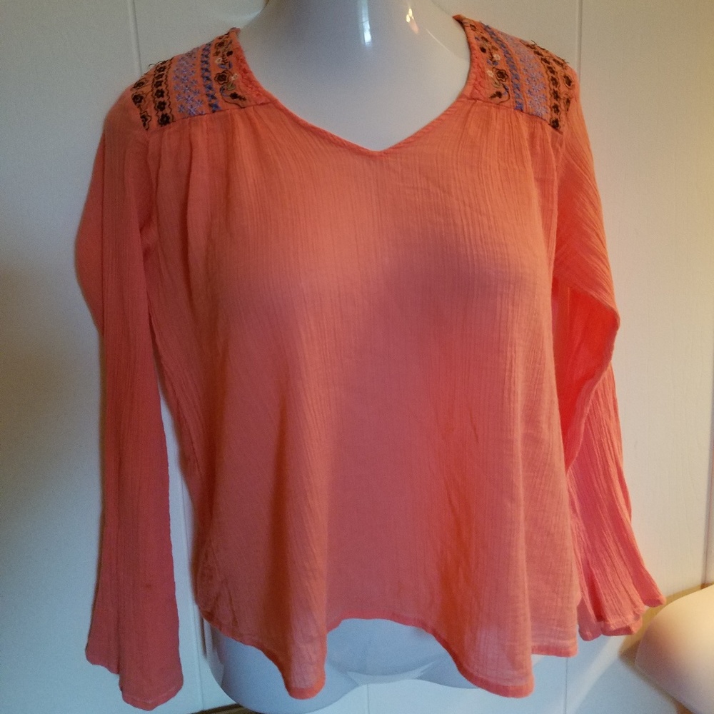 Ariat Coral Pink Embroidered Shoulder Long-Sleeve Top